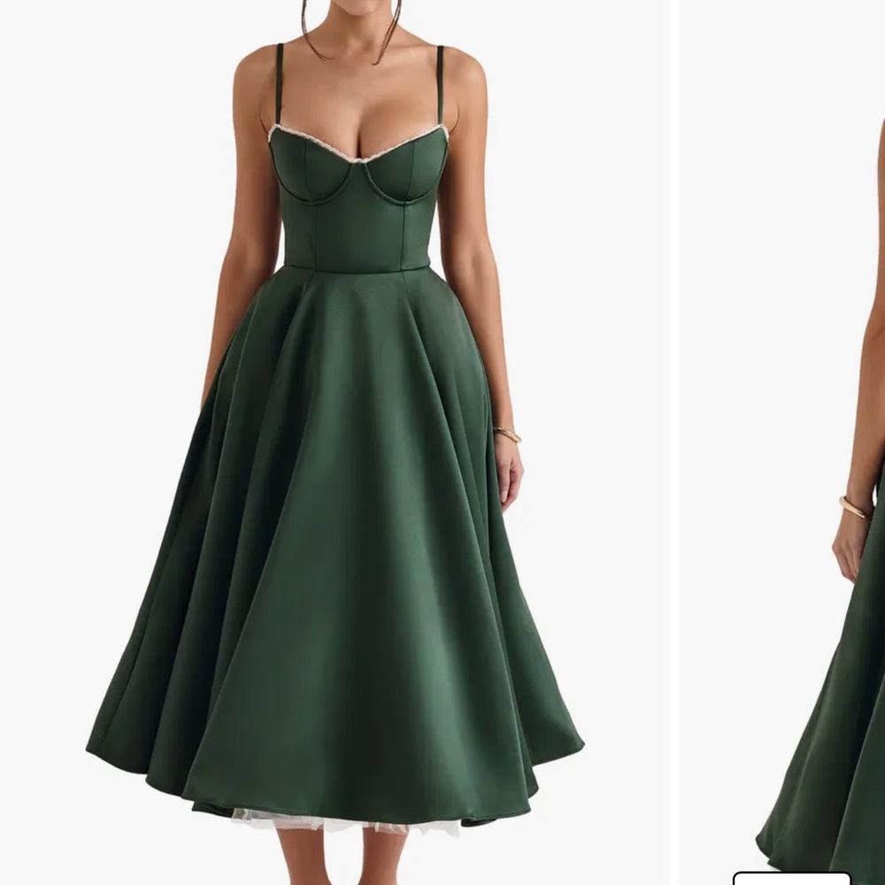 House of CB Mademoiselle Corset Forest Green Satin Tulle Midi Dress